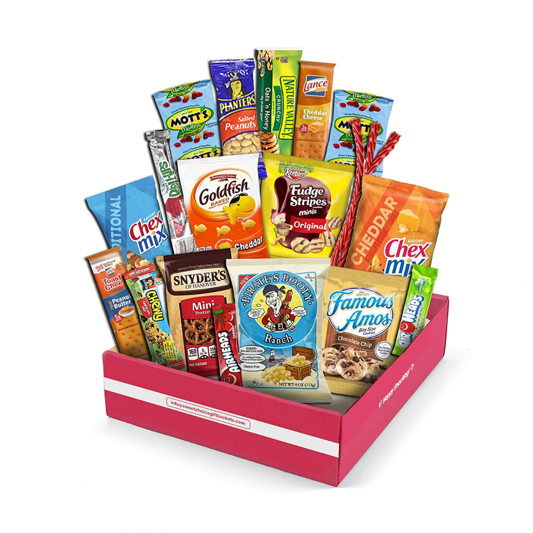 Snack Box Variety Pack, (20 Count) valintines Candy Gift Basket - College Student Care Package, Thanksgiving, Xmas Food Arrangement Chips, Cookies, Bars - Birthday Treats for Adults, Kids - My Store