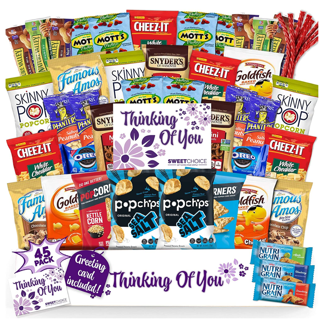 Thinking Of You Snack Box Variety Pack Care Package (45 Count) College Student Candies Gift Basket, Fathers Day Bouquets Crave Food Box, Candy Chips Cookies... - My Store