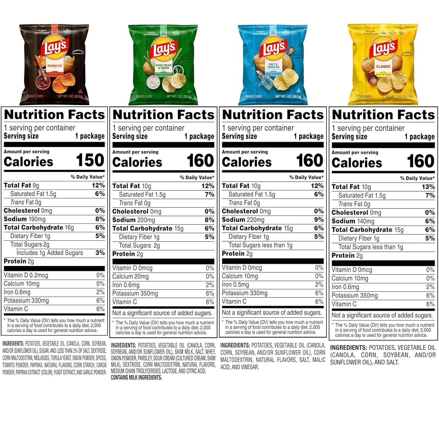 Lay'S Potato Chips, 4 Flavor Variety Pack, 1 Oz Single Serve Bags, (40 Pack)