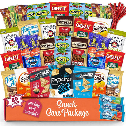 Snack Box Variety Pack (50 Count) Candy Gift Basket - College Student Care Package, Prime Food Arrangement Chips, Cookies, Bar's - Ultimate Birthday Treat for Women, Men, Adults, Teens, Kids - My Store