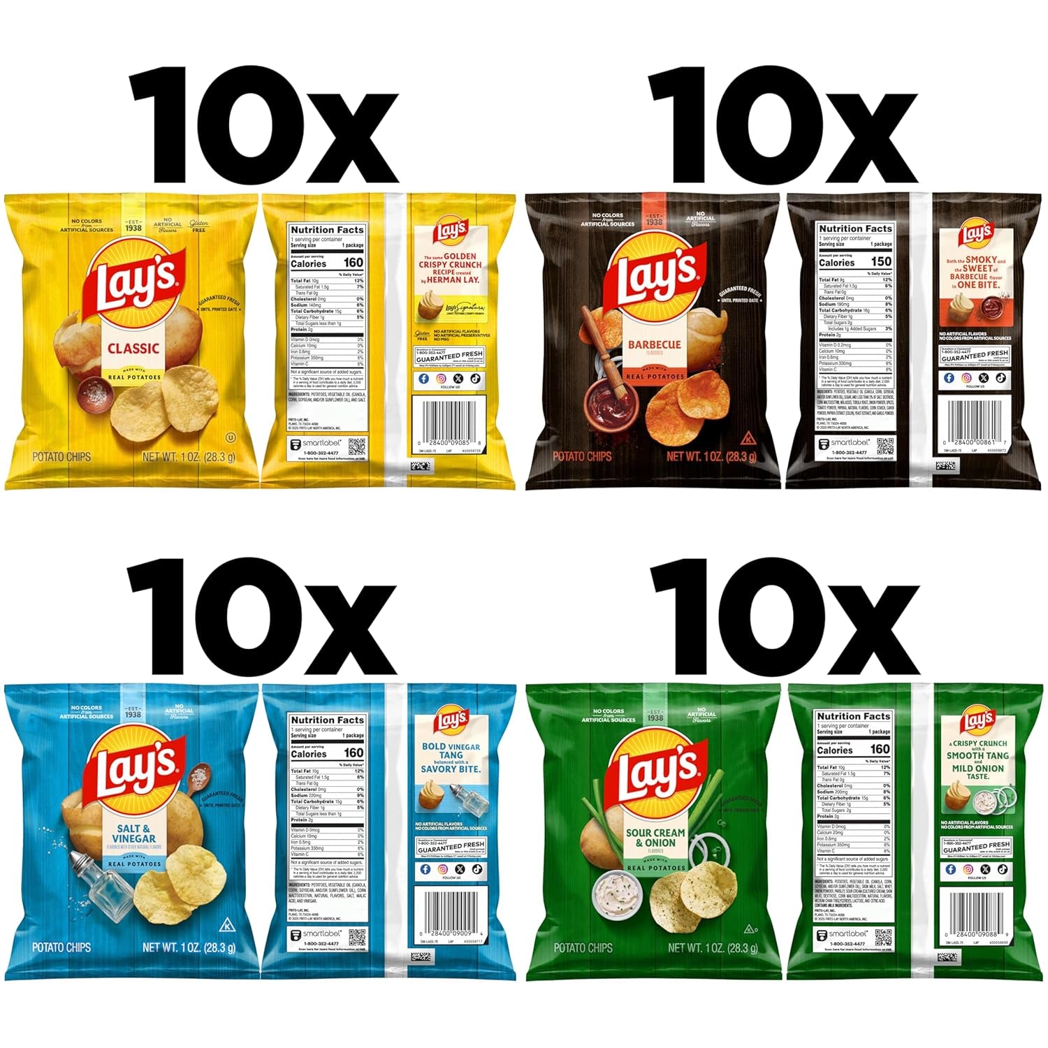 Lay'S Potato Chips, 4 Flavor Variety Pack, 1 Oz Single Serve Bags, (40 Pack)